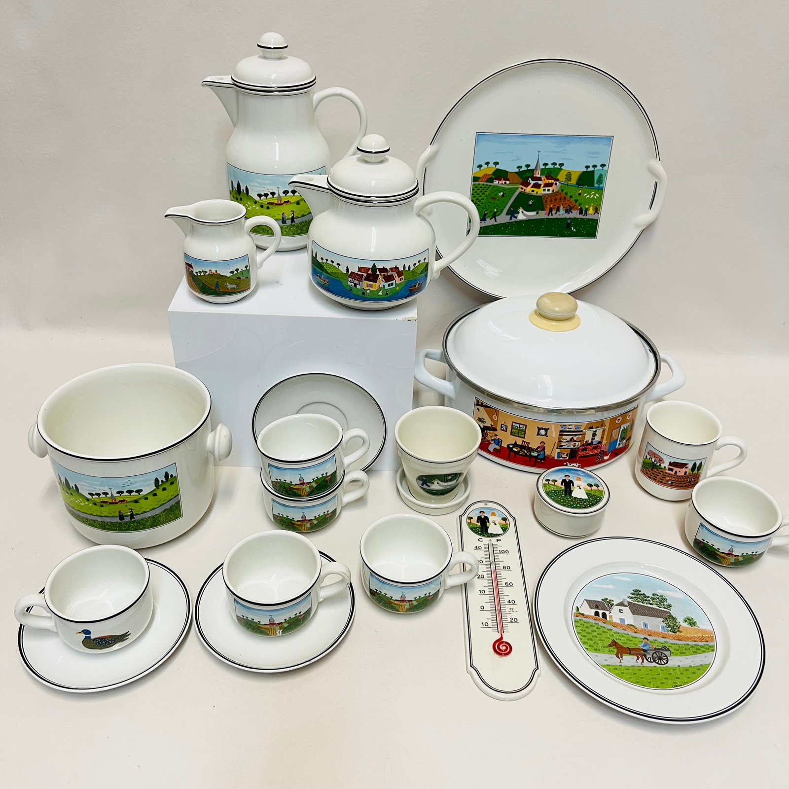 Vintage Villeroy and Boch Design Naif Laplau Porcelain Dinnerware: Villeroy and Boch Design Naif line, made in Luxembourg from durable Vitro-Porcelaine. The whimsical folk-art scenes were designed by French naïve artist Gérard Laplau. Beverage Service: Includes a t