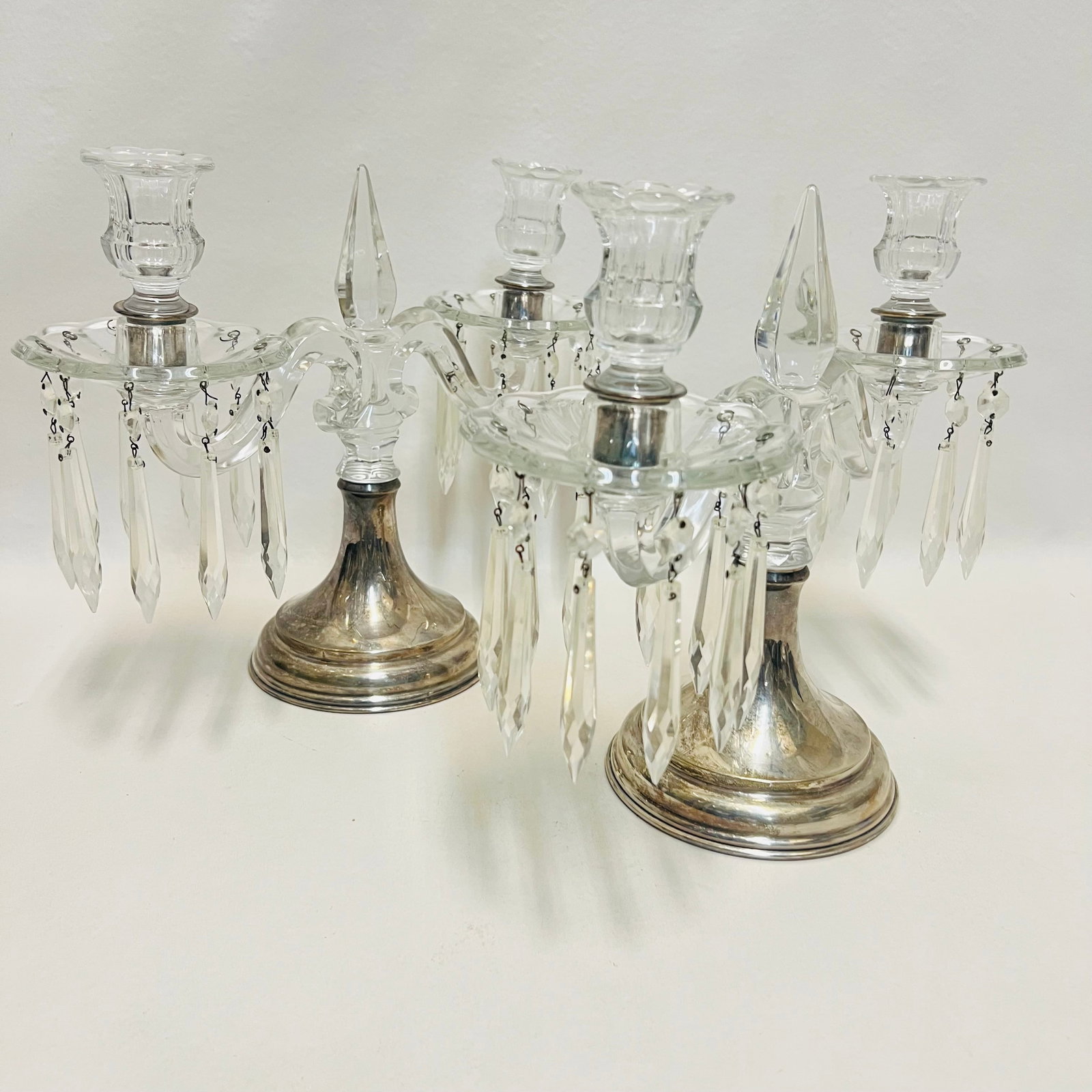 Pair of Antique Hawkes Sterling Silver and Glass 3-Light Candelabras with Prisms (1 of 4)