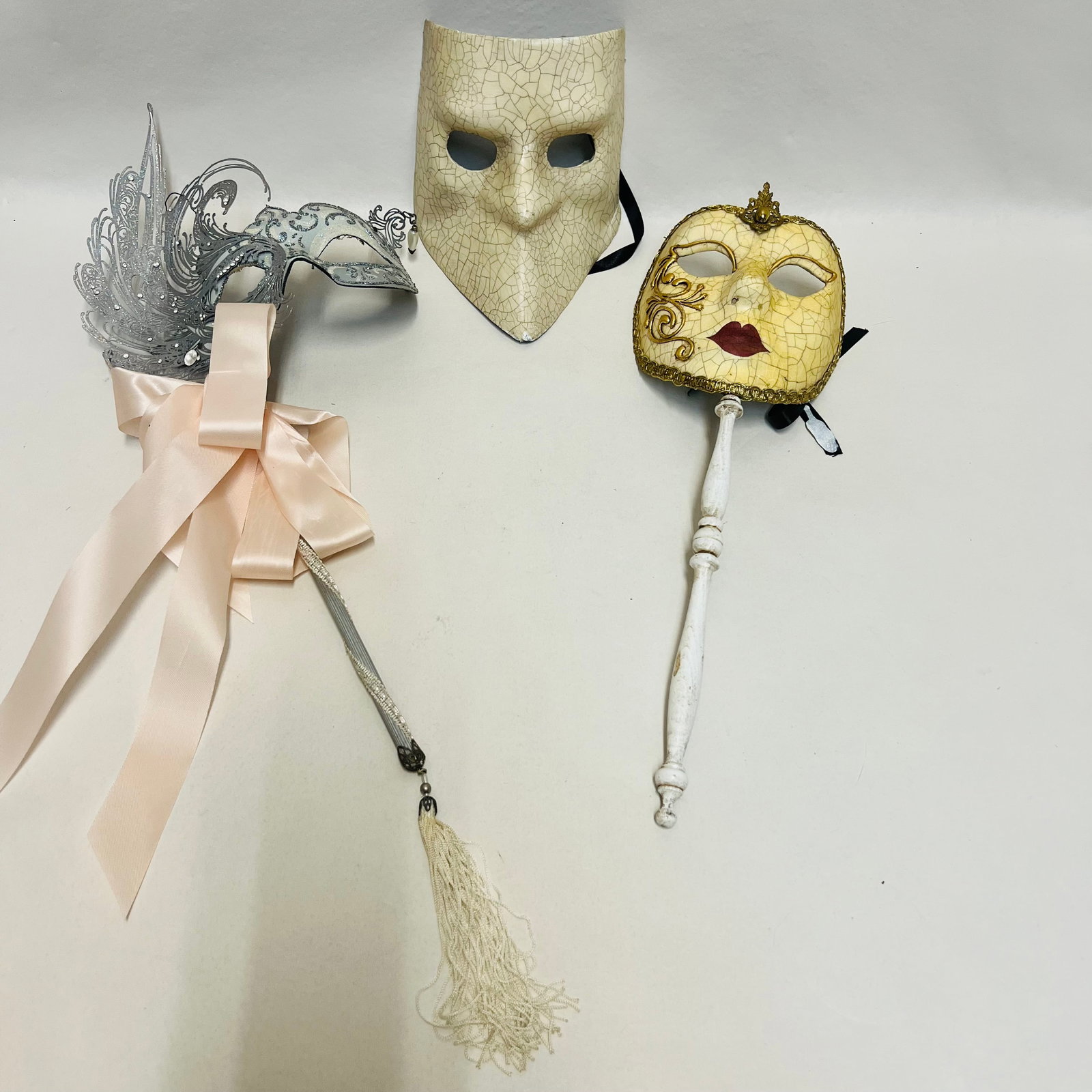 Venetian Carnival Mask Lot, Atelier Marega Stick Mask, Bauta and Signed Laser Cut Silver Mask (1 of 9)