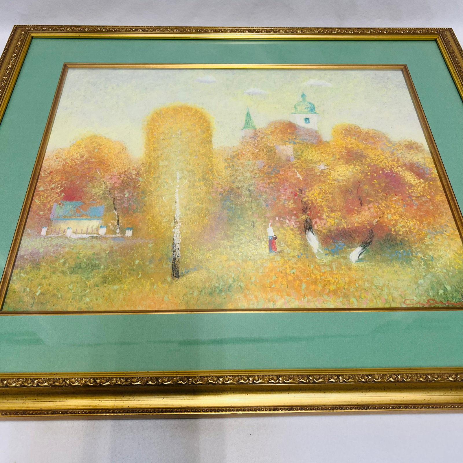 Vintage Signed Impressionist Pastel Autumn Landscape Painting Church: Vintage Signed Impressionist Pastel Autumn Landscape Painting Church,measures approx. 23x27 inches (overall) 15x19 inches (image)