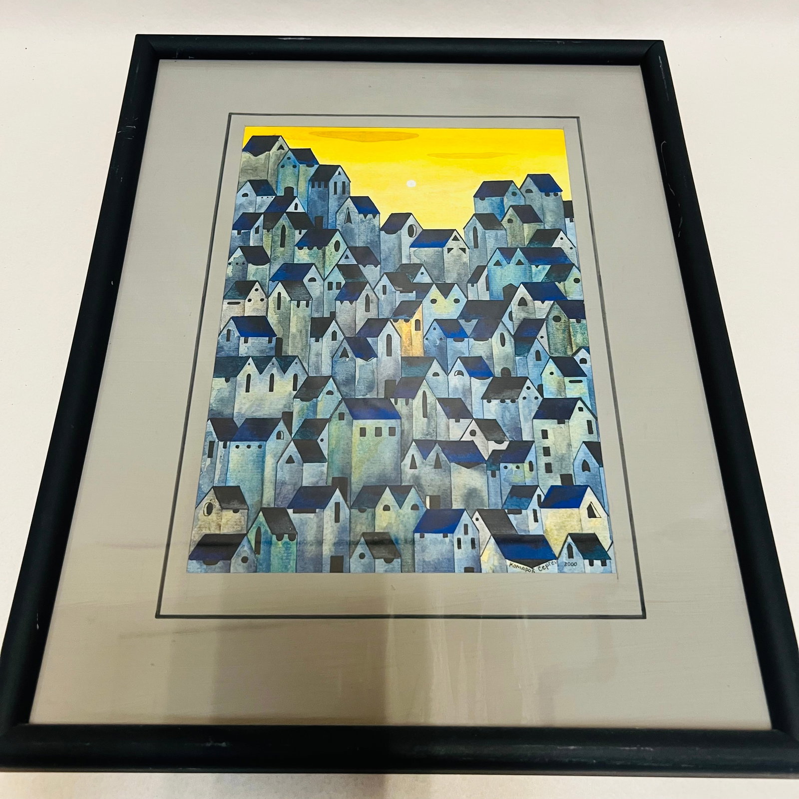 Signed Komarov Russian Original Watercolor Painting Cubist Village Landscape: Signed Komarov Russian Original Watercolor Painting Cubist Village Landscape 2000, measures approx. 14x18 inches (overall) 8x11.5 inches (image)