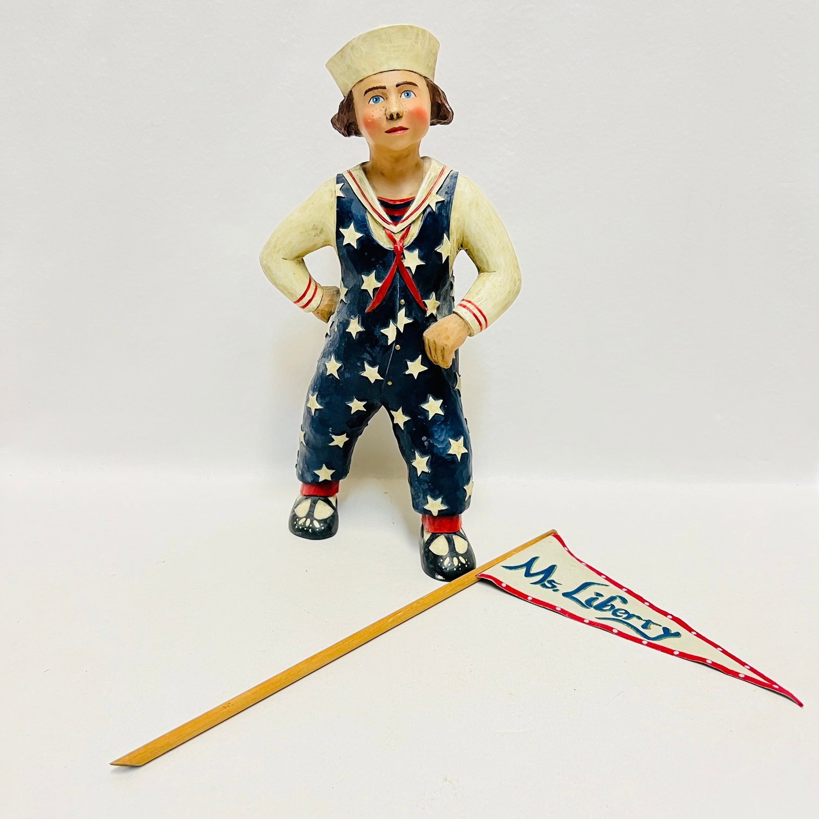 Geo R Smith Patriotic Folk Art Sailor Figurine with Ms Liberty Flag (1 of 6)