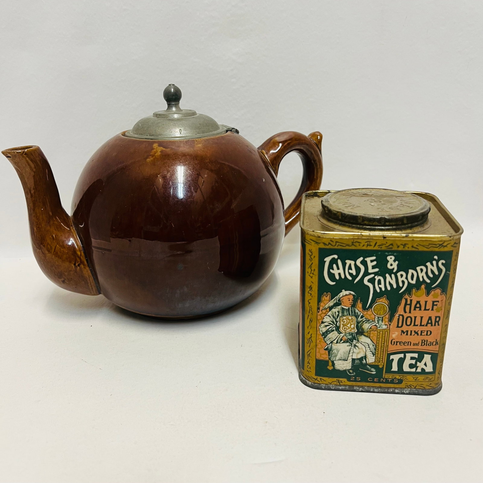 Antique Rockingham Glaze Teapot Pewter Lid with Chase and Sanborn Tea Tin: Antique Rockingham Glaze Teapot M W Co Pewter Lid with Chase and Sanborn Tea Tin