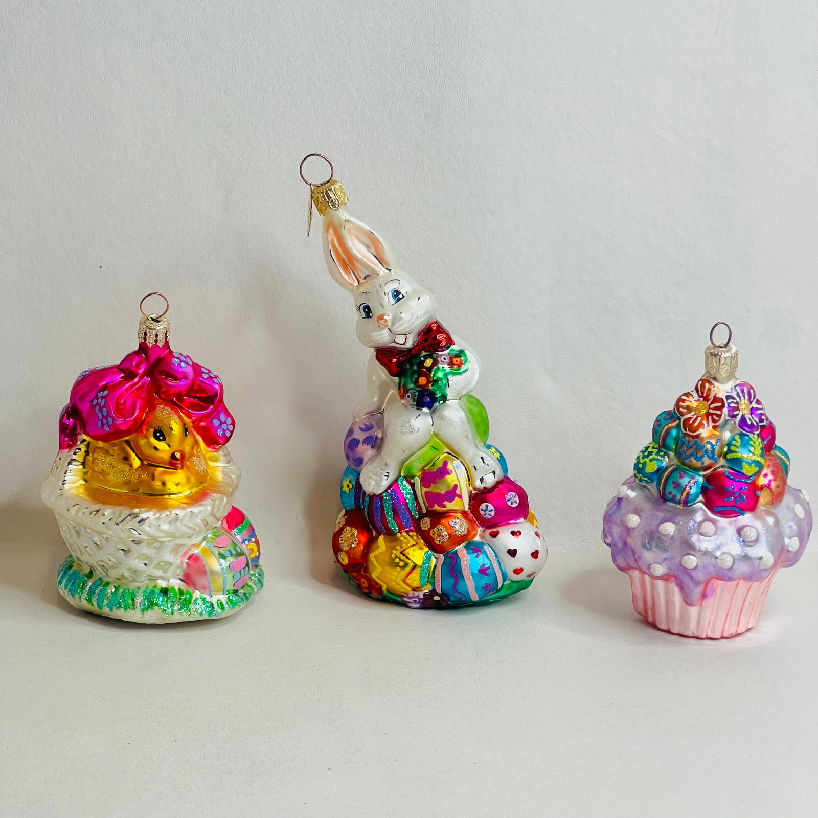 Three Christopher Radko Ornaments, Chick in Egg, Egg Hop, Easter Cupcake: Three Christopher Radko Ornaments, Chick in Egg, Egg Hop, Easter Cupcake