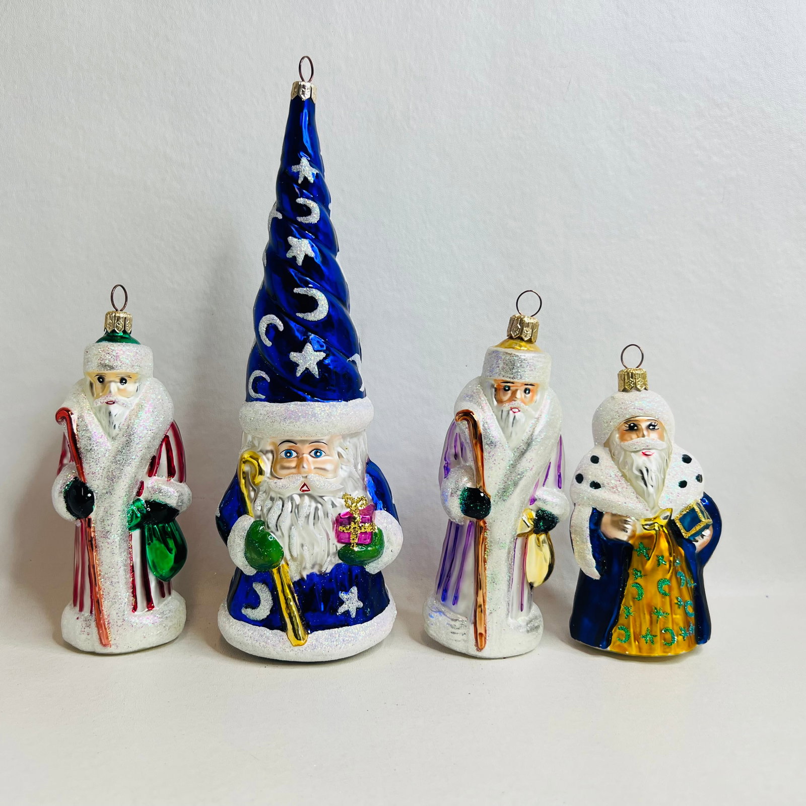Four Christopher Radko Santa Ornaments: Four Christopher Radko Santa Ornaments, Mini Russian Striped Santa Claus, Magic Munchkin Moon Wizard, Petite Candy Stripe Russian Santa, Sweet Dream Santa