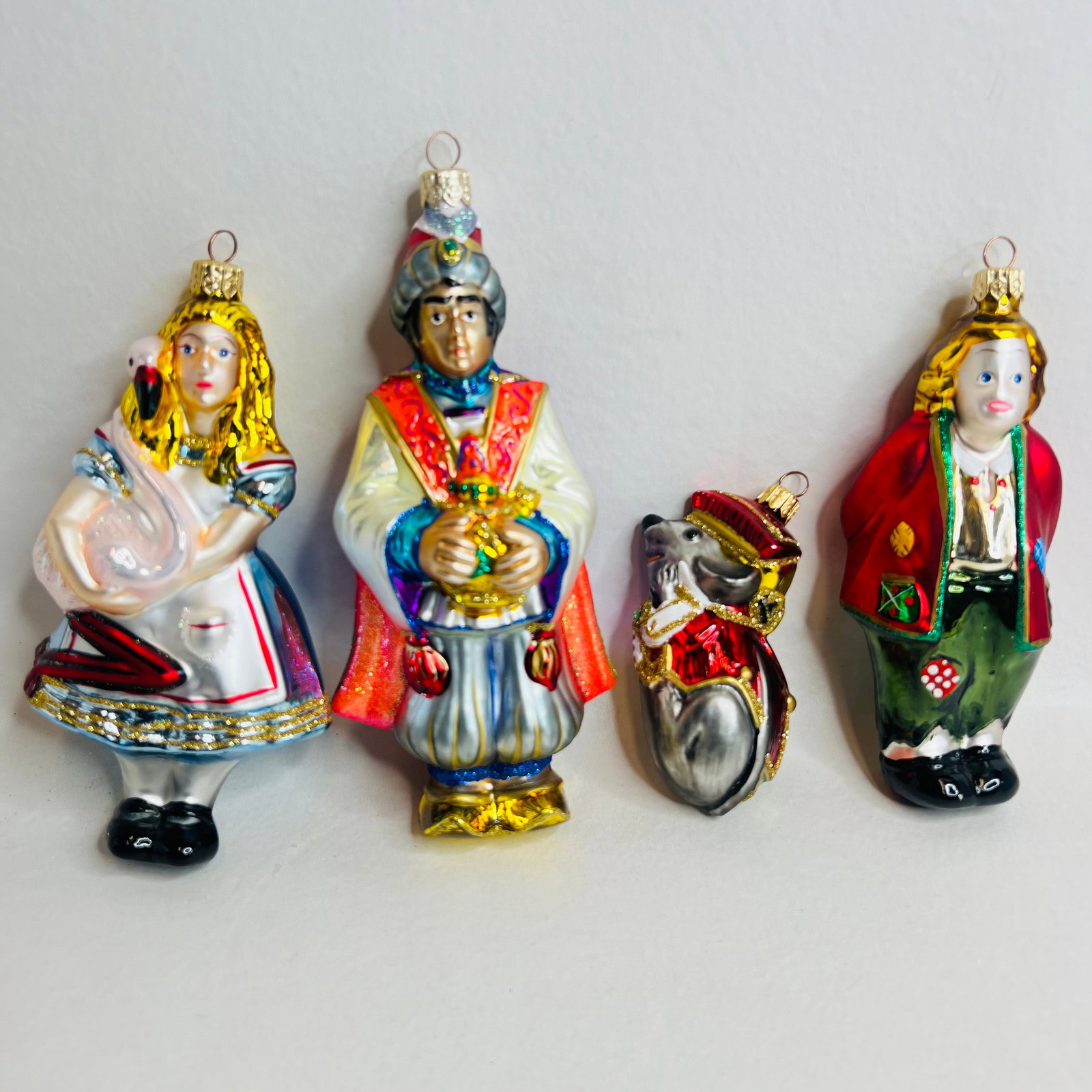 Four Kurt Adler Polonaise Glass Ornaments Lot Alice in Wonderland Aladdin: Four Kurt Adler Polonaise Komozja Storybook Fairy Tale Blown Glass Ornaments Lot Alice Aladdin