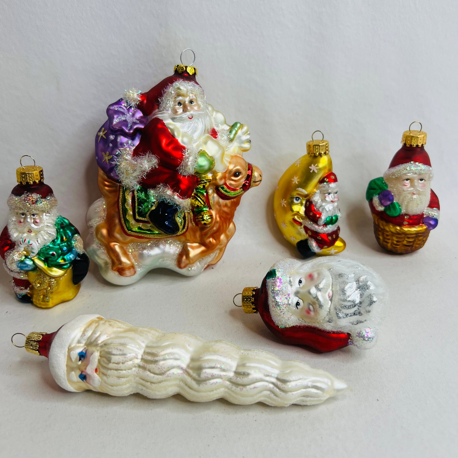 Lot of 6 Blown Glass Santa Claus Character Ornaments: Vintage Blown Glass Santa Christmas Ornaments Lot of 6 - Camel, Crescent Moon, Icicle - Radko Polonaise Style