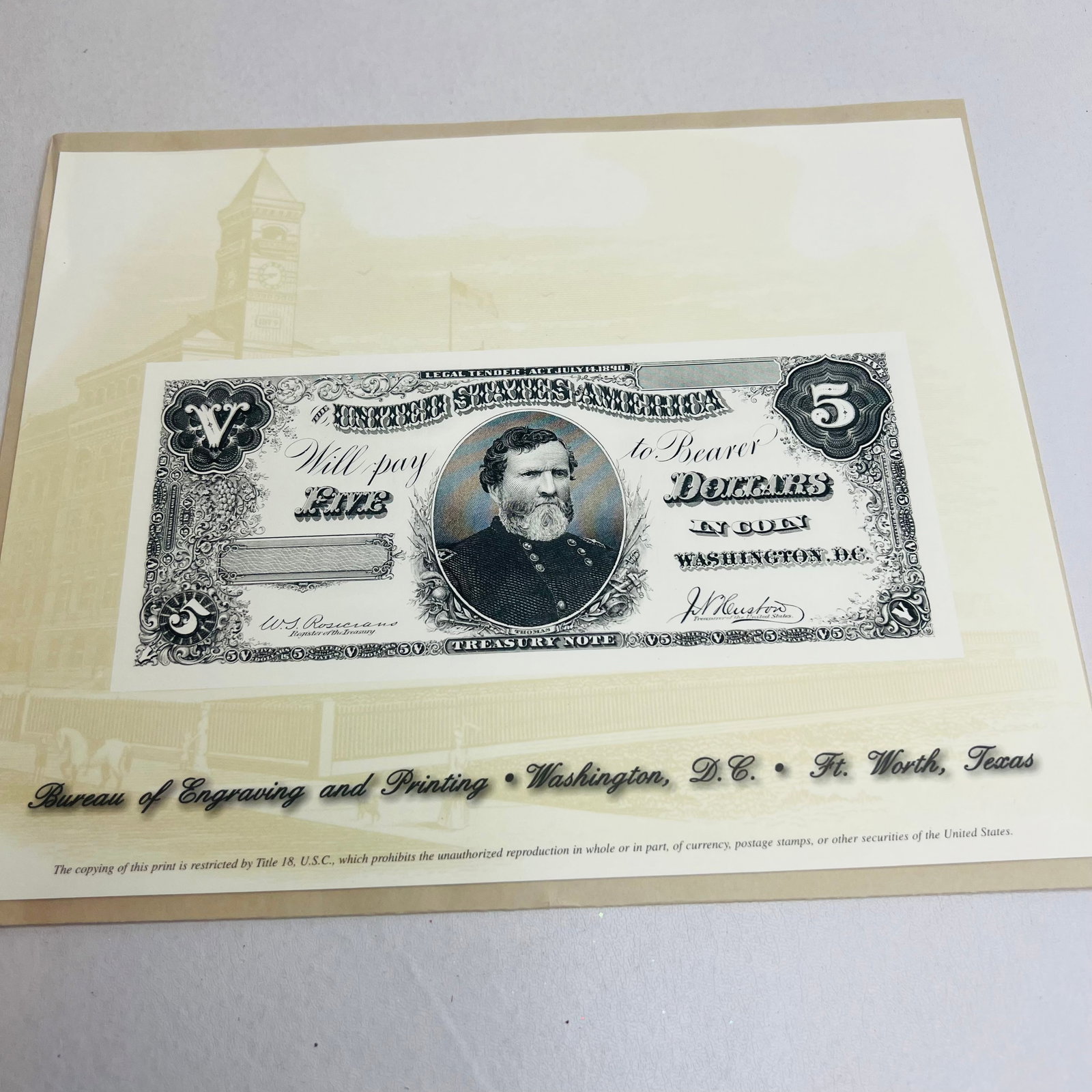 1890 $5 Treasury Coin Note Gen Thomas, 2001 BEP Souvenir Card B252A IPMS Memphis: an official, uncanceled U.S. Bureau of Engraving and Printing (BEP) Souvenir Card (Catalog #B252A)