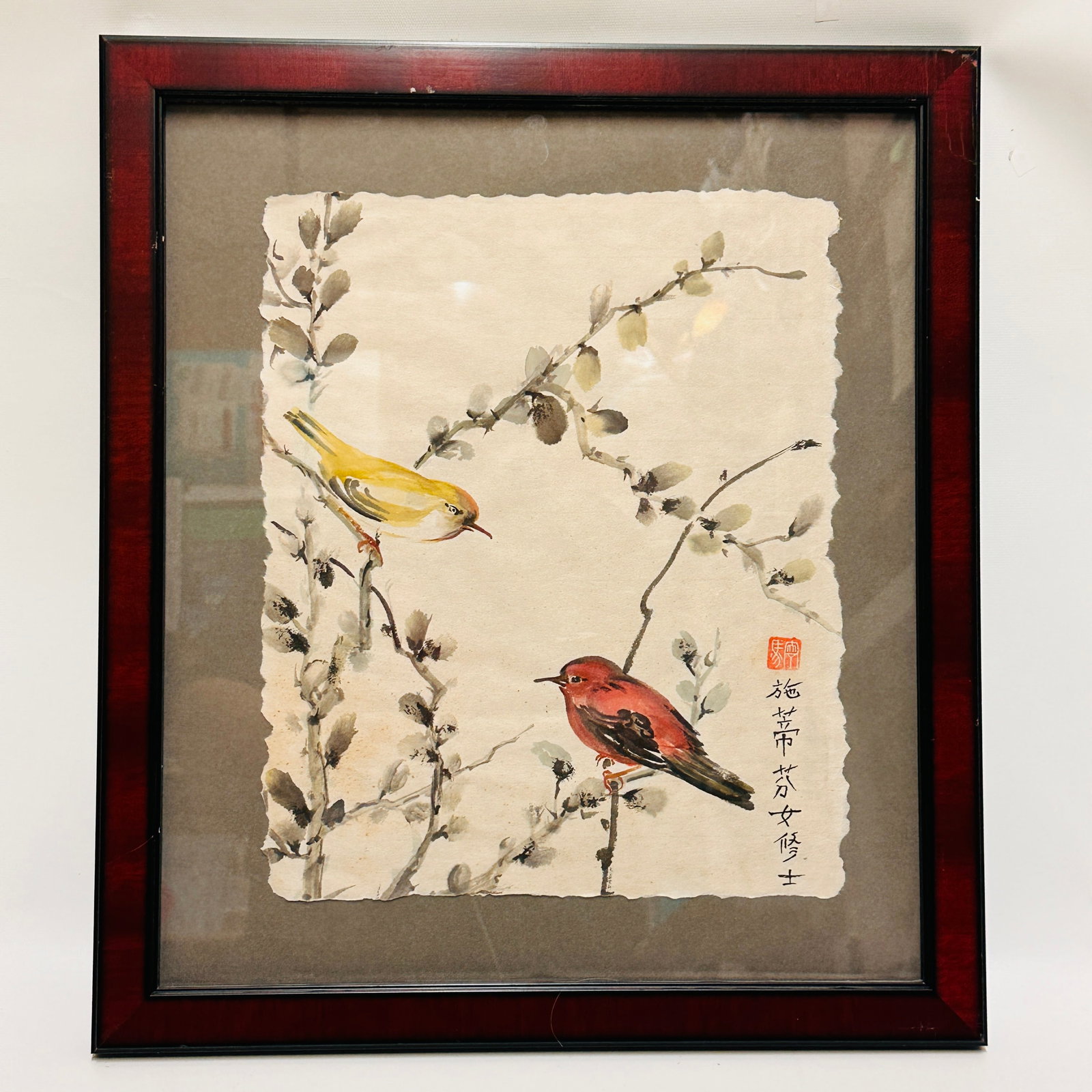 Chinese Brush Ink Painting: Birds on Willow Branches, Framed: Chinese Brush Ink Painting: Birds on Willow Branches, Framed, probably signed by a Western Artist using Chinese characters, Overall: 16.5 x 19 inches