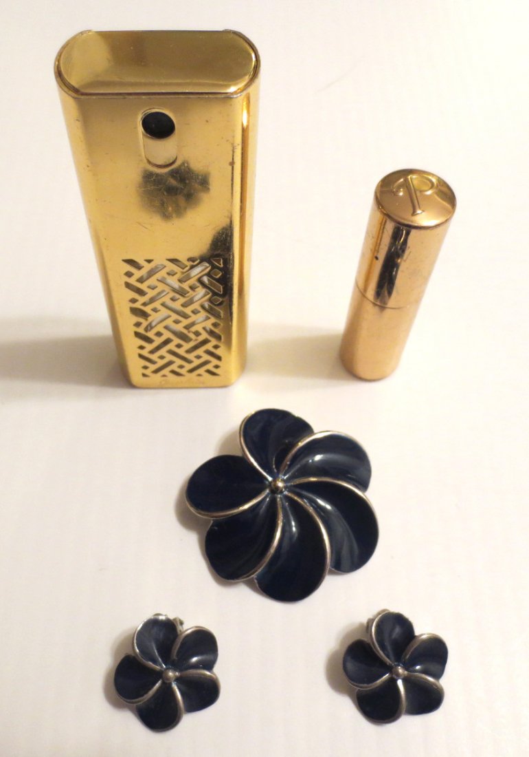 Two (2) perfumes, guerlain paris,and vintage jewelry: Two (2) perfumes, guerlain paris,and vintage costume jewelry enamel pin & earring set