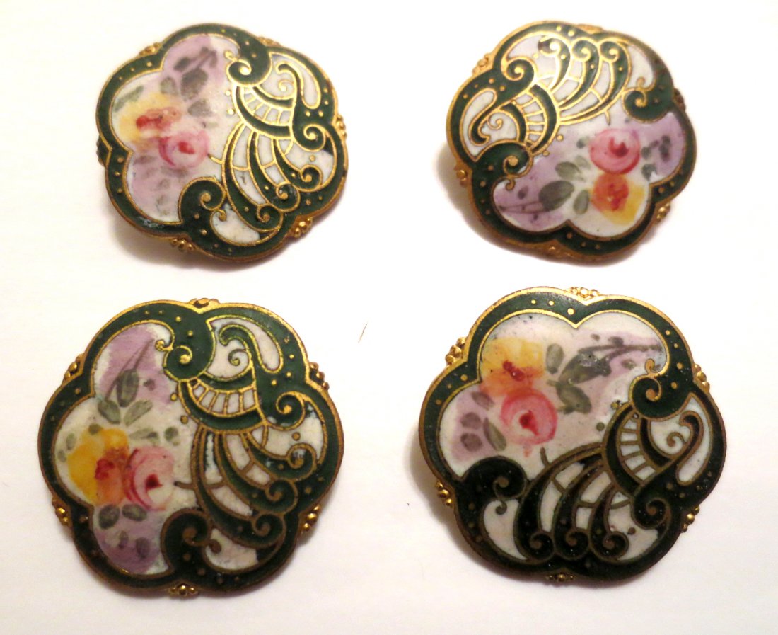 Brass Inlaid Handpainted Porcelain Enamel Buttons: Brass and Inlaid handpainted Porcelain Victorian French Enamel Buttons