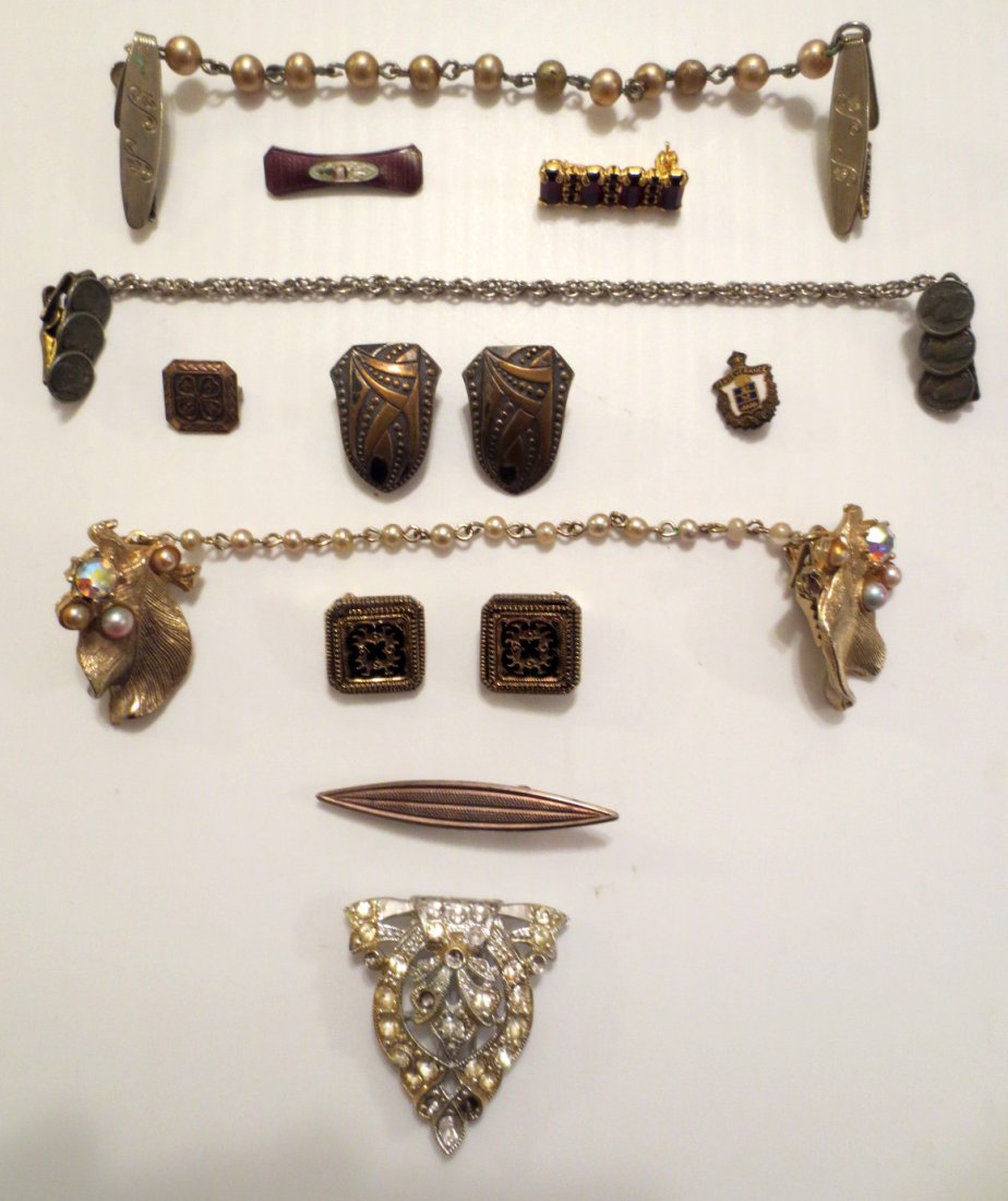 Vintage Costume Jewelry Grouping: Vintage Costume Jewelry Grouping - three Sets of sweater clips, rhinestones, dress clips, Victorian enamel bar pins, including scout pin. One sweater clip with three miniature coins each side.