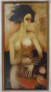 Anjolie Ela Menon (b.1940) Oil on hard board, Female: Anjolie Ela Menon, (Indian artist, b. 1940). Oil on board, signed upper left. This painting came from a Sherborn, MA Estate - this auction consists of the estate of a family who worked and lived abroa
