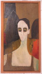 Anjolie Ela Menon (b.1940 ) Portrait of Woman signed,: Anjolie Ela Menon, (Indian artist, b. 1940). Oil on board, signed lower right.This painting came from a Sherborn, MA Estate - this auction consists of the estate of a family who worked and lived abroa
