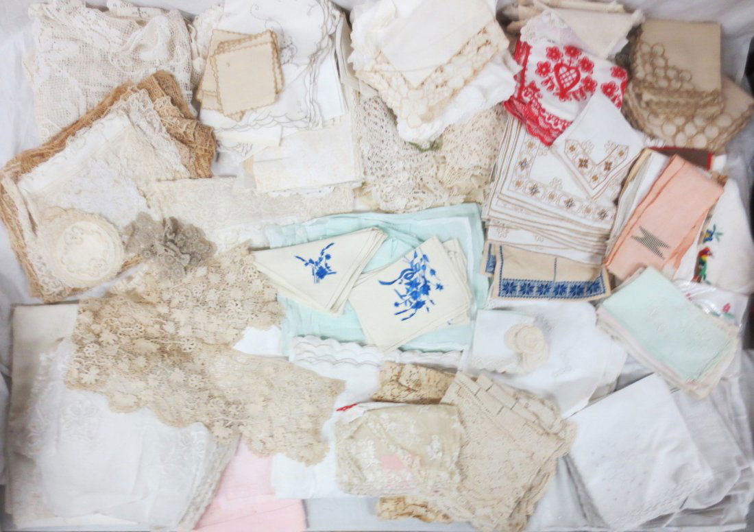 Extensive collection antique and vintage Linens, some: Extensive collection antique and vintage Linens, some with lace, which includes damask tablecloths, tablecloths with matching napkins, linen table coverings and more.