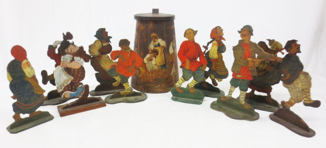Russian folk art Painted Wood Cutouts on Stands: Russian folk art Painted Wood Cutouts on Stands, approx. 8 H. Painted both sides. Some include paper marked "Gallagher" on bottom.