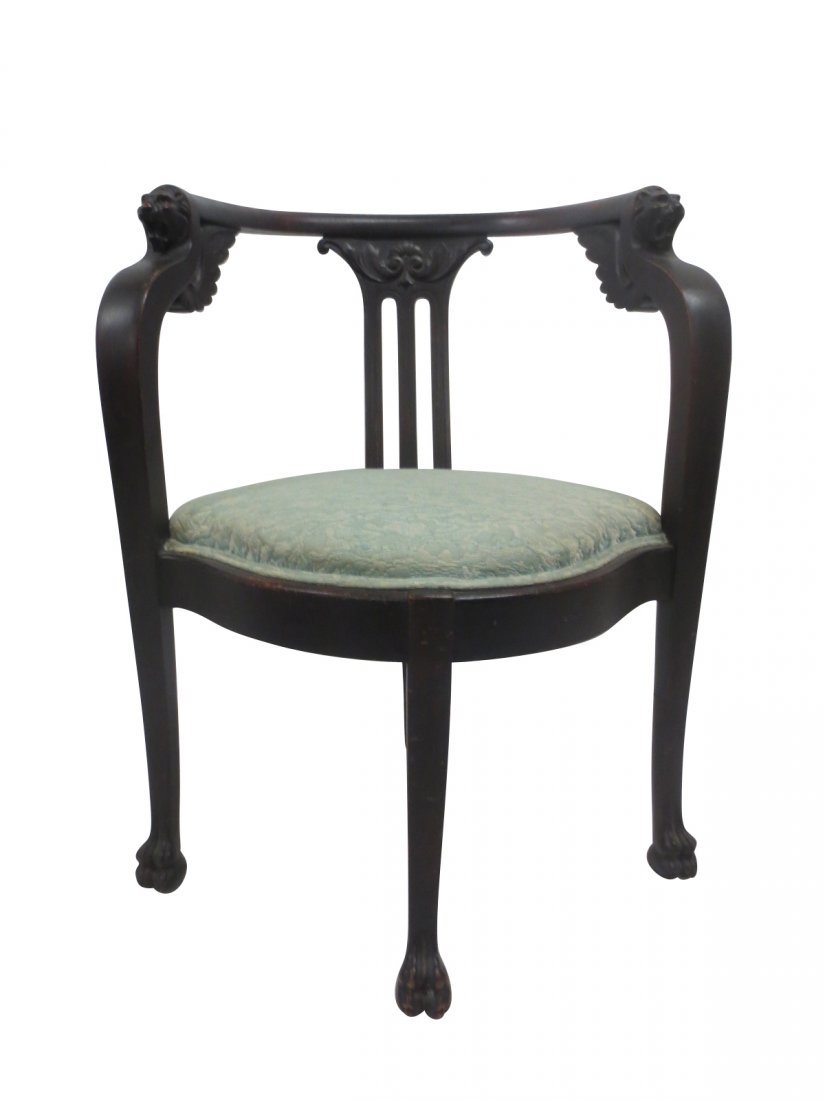 Barrel Back Corner Seat with Carved Lion Handles and: Barrel Back Corner Seat with Carved Lion Handles and Claw Feet, 25x21x18(seat)/32(back)