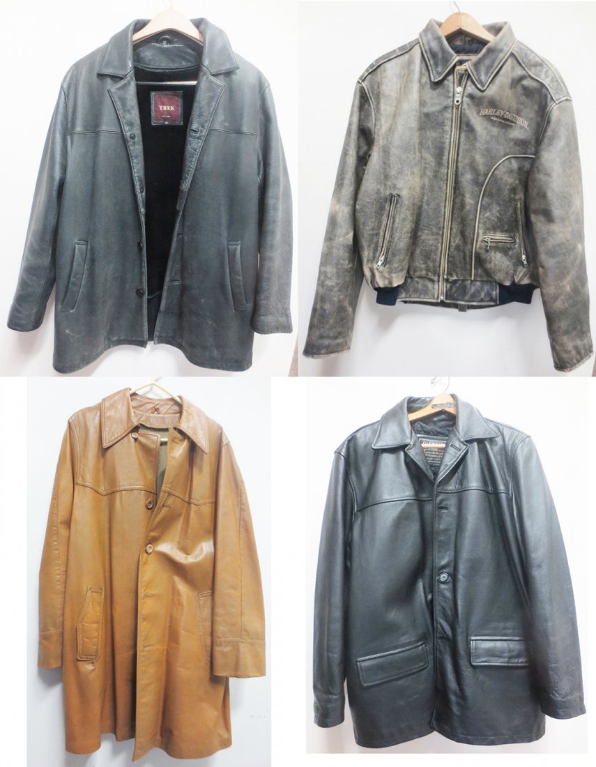 Harley-Davidson Motorcycles Leather Jacket, size L: Harley-Davidson Motorcycles Leather Jacket, size L regular, Trek New York Leather Jacket, size M, Brown Leather Jacket, size 40 Long, Oakwood Classic Black Leather Jacket, size XL, removable inner lin