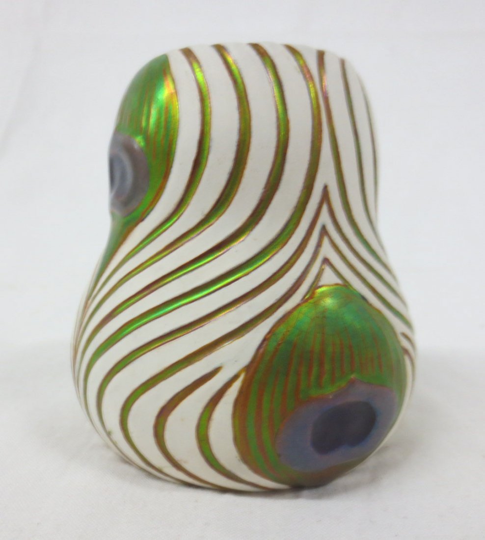 ZSOLNAY Iridescent Peacock Vase: marked ZSOLNAY PECS Green and Purple Iridescent Peacock Vase, eosin glaze, No damage, Hungarian, 3x3x3.5 H,