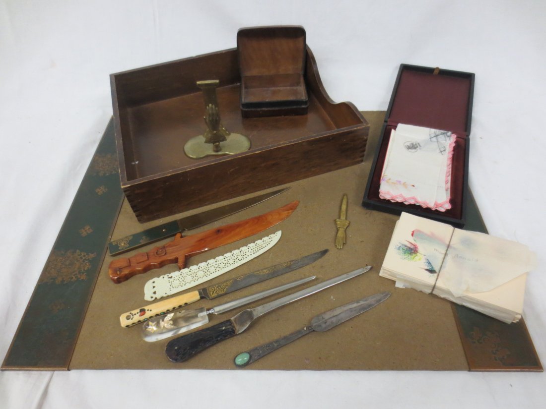 Contents of Desk plus desk Set, letter openers: Collection of Envelope Openers, Paper Holders, Cards, Silk Handkerchief etc.