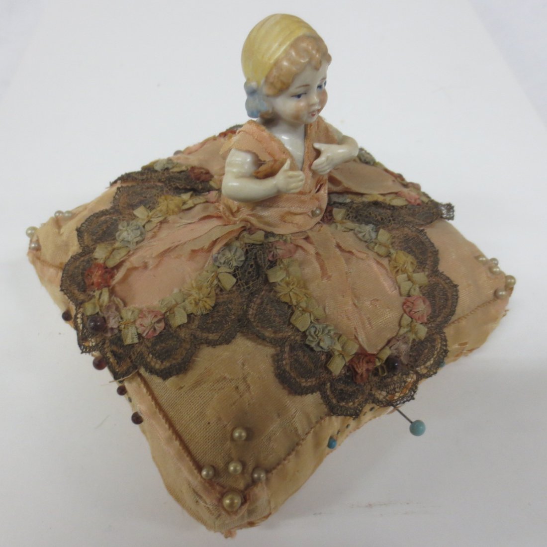 half doll pincushion doll: half doll pincushion doll, arms away, fingers intact, 5x5x4.5 H