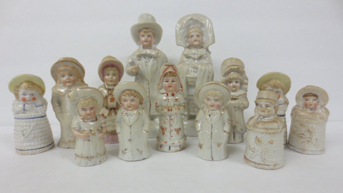 Lot of Kate Greenaway salt shakers and 2 figurines: Lot of Kate Greenaway salt shakers and 2 figurines, three with small chips, 3.25 - 6.75 H
