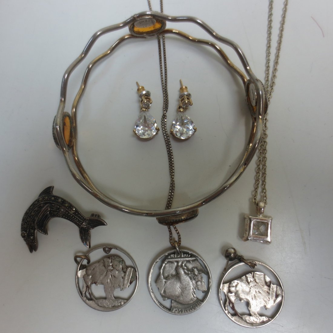 Hattie Carnegie bracelet, Buffalo Nickle necklace and: Hattie Carnegie bracelet, Buffalo Nickle necklace and earring set and Sterling silver jewelry
