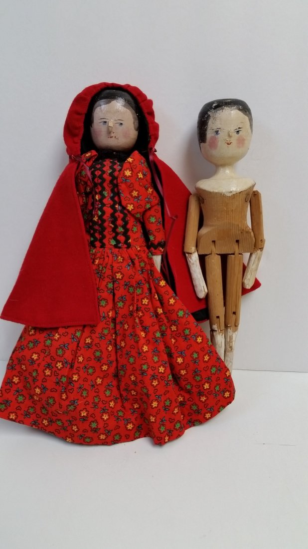 Wooden Penny dolls , one dressed as Red Riding hood: Doll - Wooden Penny dolls , one dressed as Red Riding hood, 12",lined wool cape, leather boots