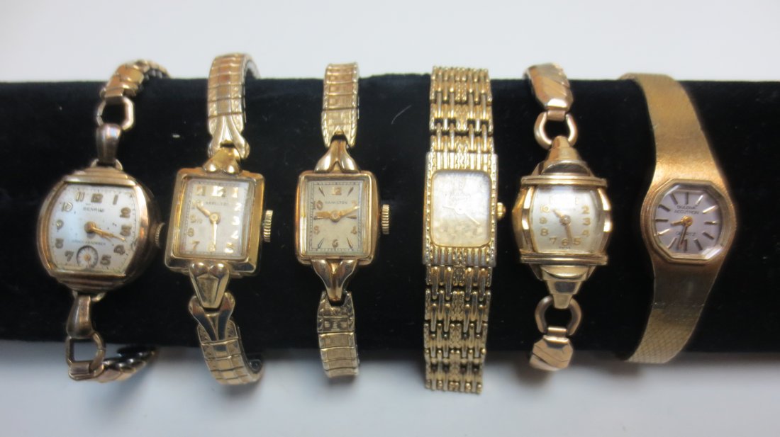 Ladies Gold Wrist watches, Hamilton, Benrus, Bulova: Ladies Gold Wrist watches, Hamilton, Benrus, Bulova, two (2) of each, one Benrus crystal absent