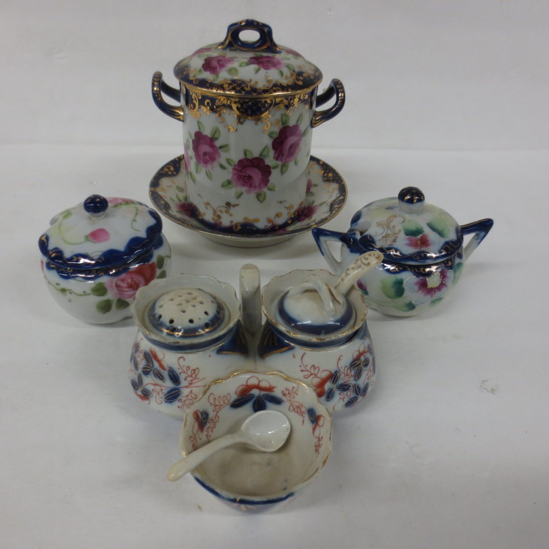 Hand painted Nippon condiment service, cobalt decorated: Hand painted Nippon condiment service, cobalt decorated