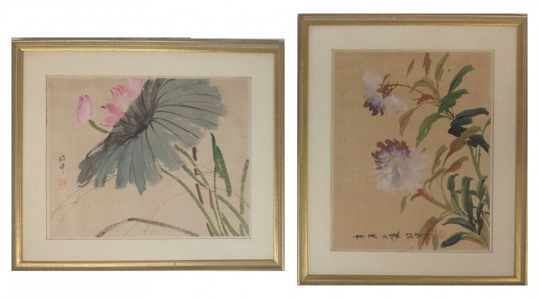 signed Chinese Watercolors on silk (1 of 9)