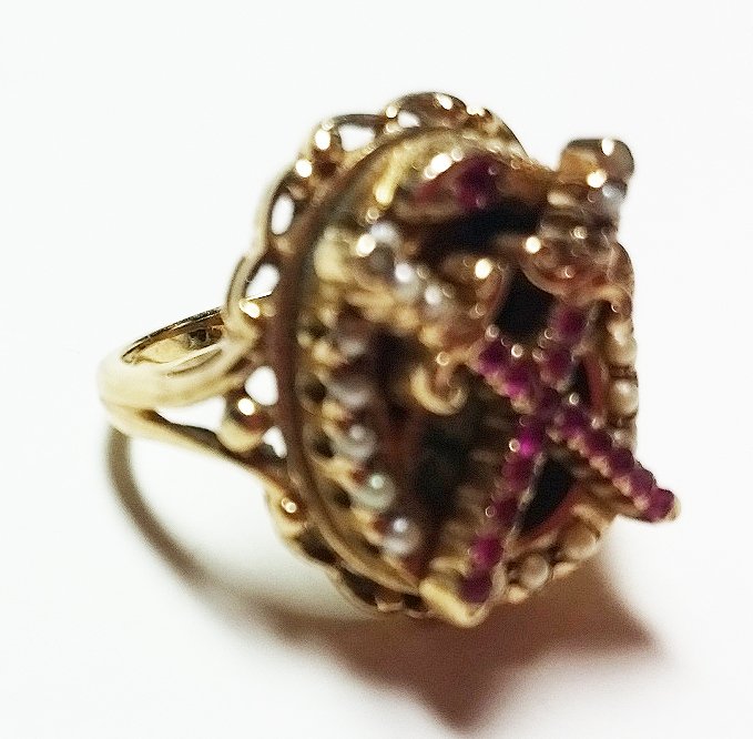 ruby and seed pearl Edwardian yellow gold ring (1 of 2)