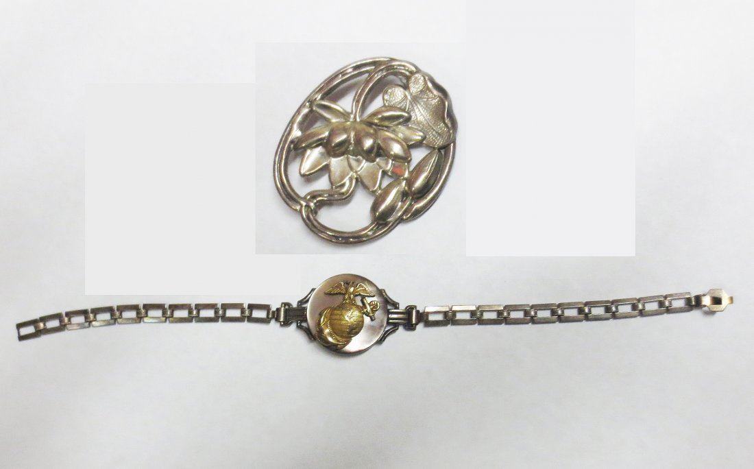 Sterling Silver with gold eagle bracelet and floral pin (1 of 2)