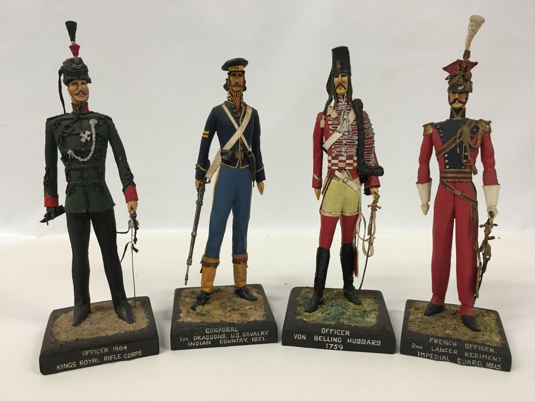 Hand made Folk Art Military Soldiers: Hand made Folk Art Military Soldiers, approx. 13" H each, US Cavalry, Kings Royal Rifle Corp, Von Belling Hussars, French Officer 2nd Lancer Regiment