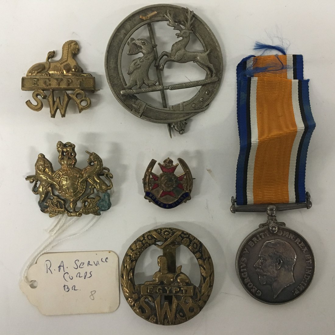 Military Pins, Ribbon, RA Service Corps, Egypt SWB,: Military Pins, Ribbon, RA Service Corps, Egypt SWB, Notts & Derby, Georgius V. Britt OMN: Rex Et Ind: Imp