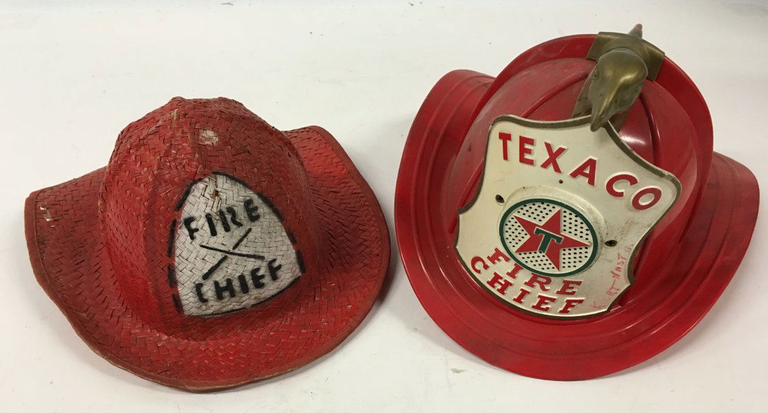 Child's Texaco Fire Chief helmet and Vintage woven fire: Child's Texaco Fire Chief helmet with built in microphone speaker by Park Plastic ca 1960s, and Vintage woven fire helmet