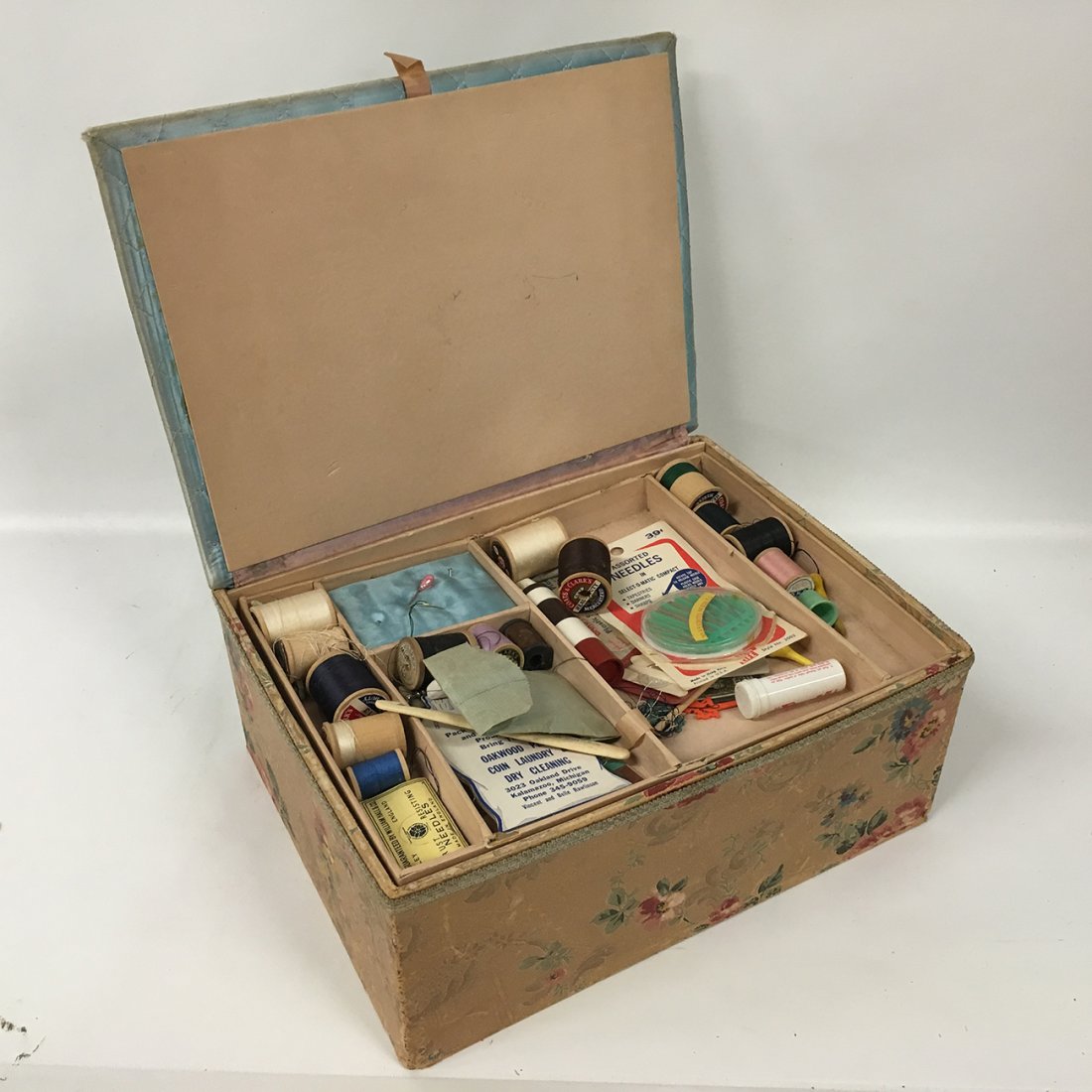 Sewing case with contents, covered in vintage floral: Sewing case with contents, covered in vintage floral paper