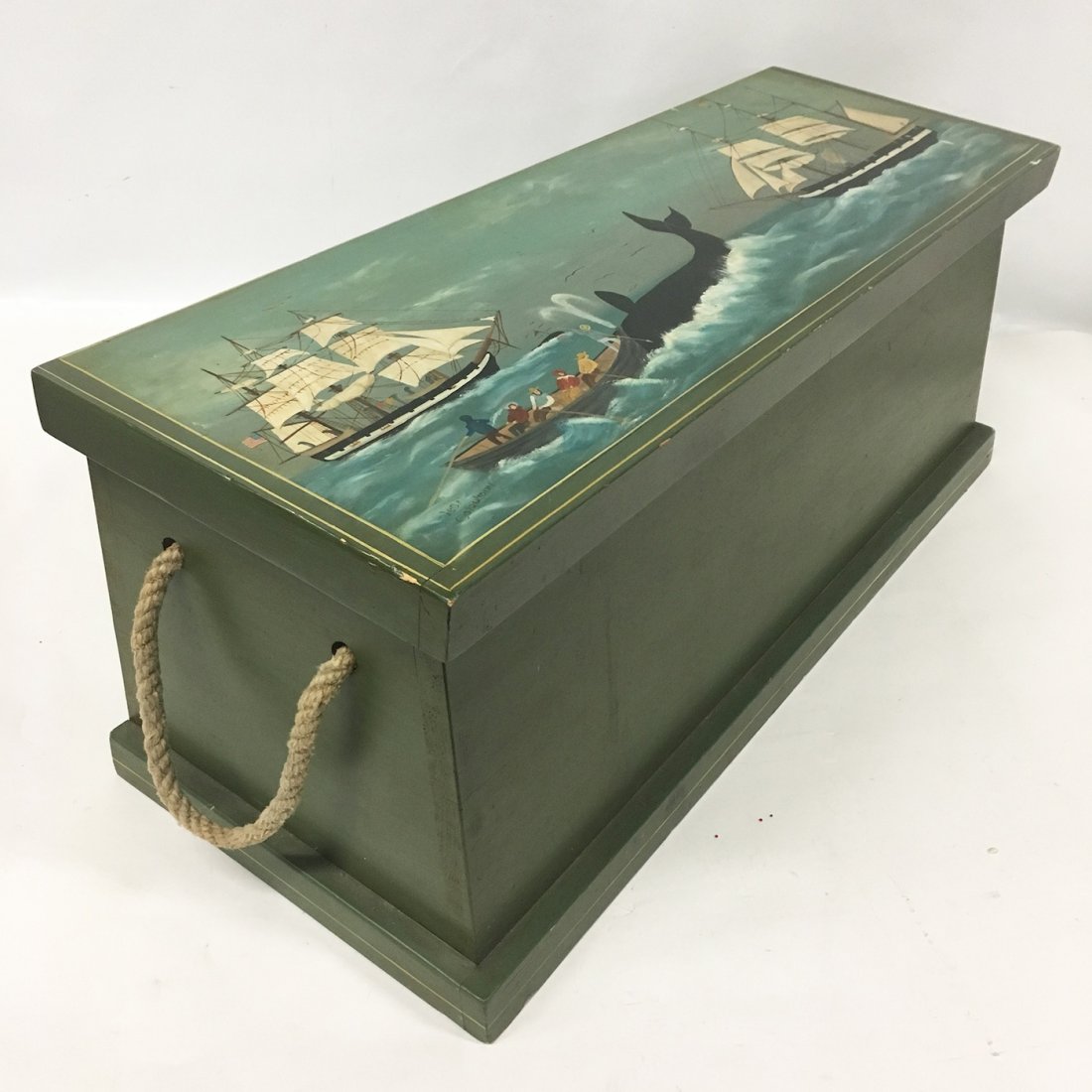 Nantucket Whaling scene painted blanket chest, signed (1 of 7)