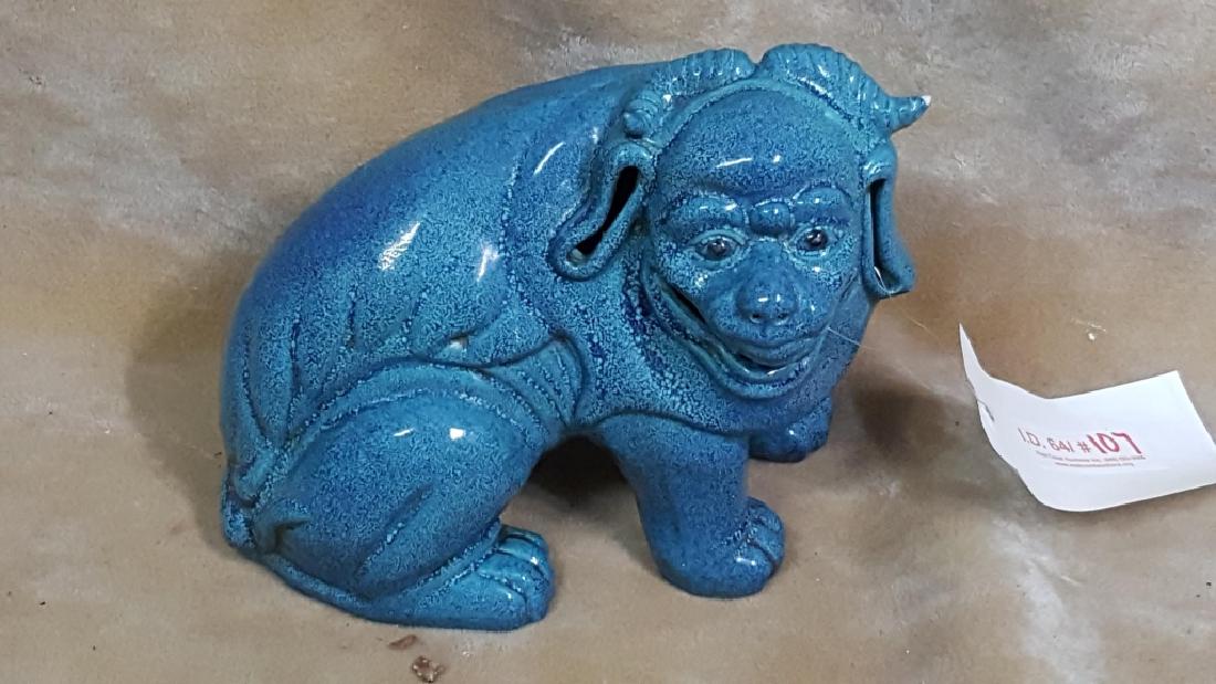 Chinese Blue Glazed Porcelain Foo Dog: From New York City Estate, a fine quality Chinese antique. A single blue porcelain glazed Foo Dog / Lion. 8" X 9" X 5.5"