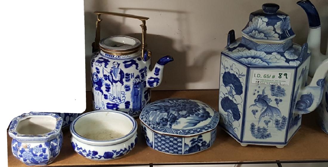 Collection of Blue & White Chinese Porcelain: 2 Tea pots 10.5" & 6.25", covered candy dish 6.5 diameter and 2 bowls.