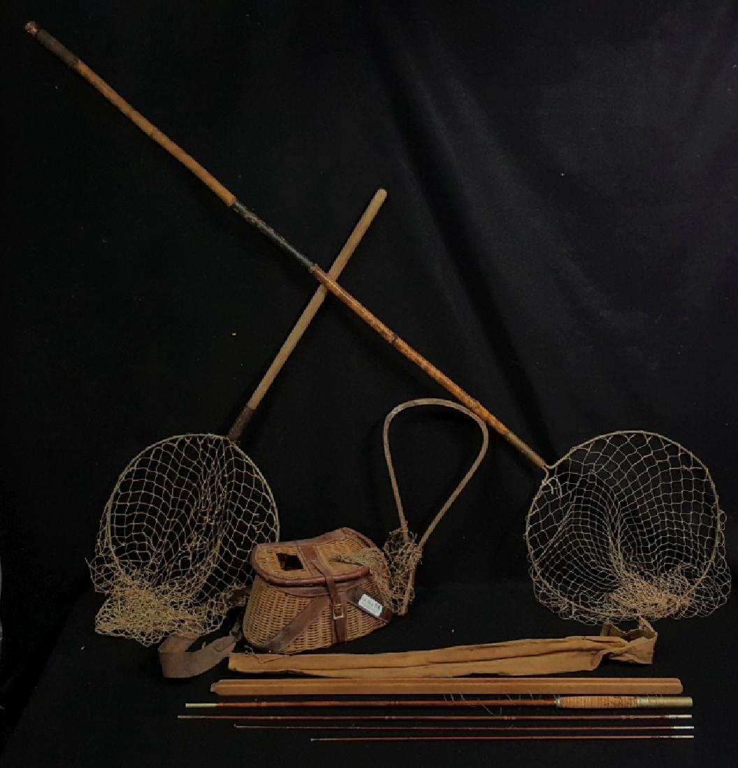 Antique 104" Bamboo Fishing Pole, Basket & Nets (1 of 2)