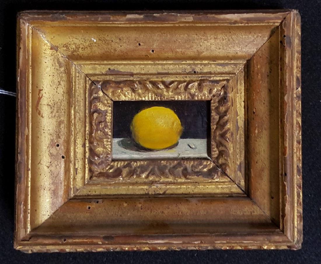 Charles Yeiser "Solitary Lemon" Oil on Board: With a 1973 Victoria Munroe Gallery label on the back, sight 2 3/8" X 1 3/8"