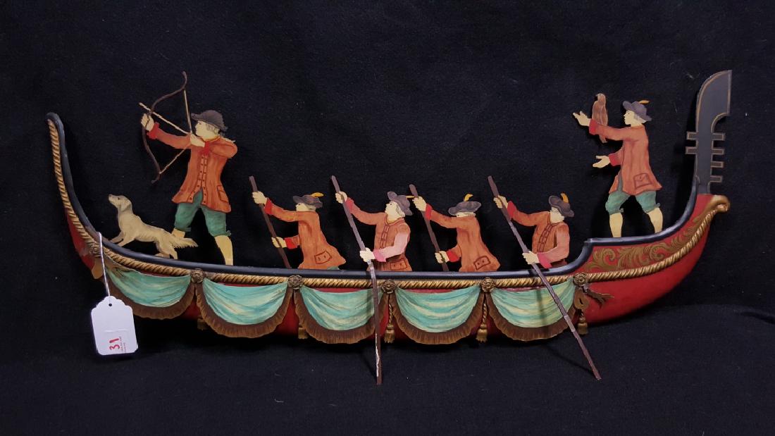 Mottahedeh Metal Gondola: Painted metal 3 dimensional gondola with 6 figures plus a dog. 13" height overall. Very well made and quite heavy. With "A Mottahedeh Design" sticker, "Italy" impressed, "Italy / X752" painted mark.