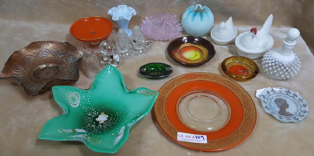 Art Glass Collection: Murano glass style bowl, Fenton art glass, sterling silver on green glass finger bowl and antique orange glass with gilt edging.