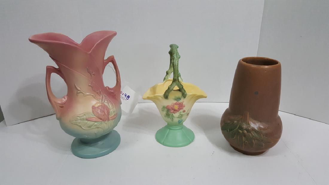 USA Hull Pottery Vases and Basket: Pink floral vase 10.75" and other 8.25". The Basket stands 9.25"