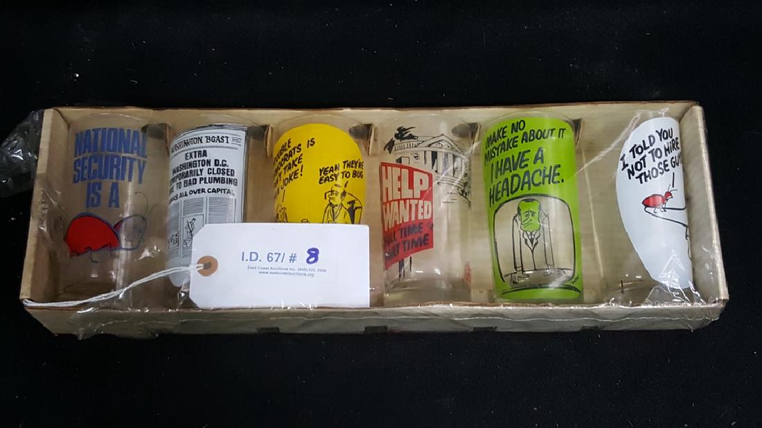 President Nixon Watergate Cartoon Drinking Glasses: Has never been opened, the plastic does have a rip on one side. Box 18.25" X 6" X 3"