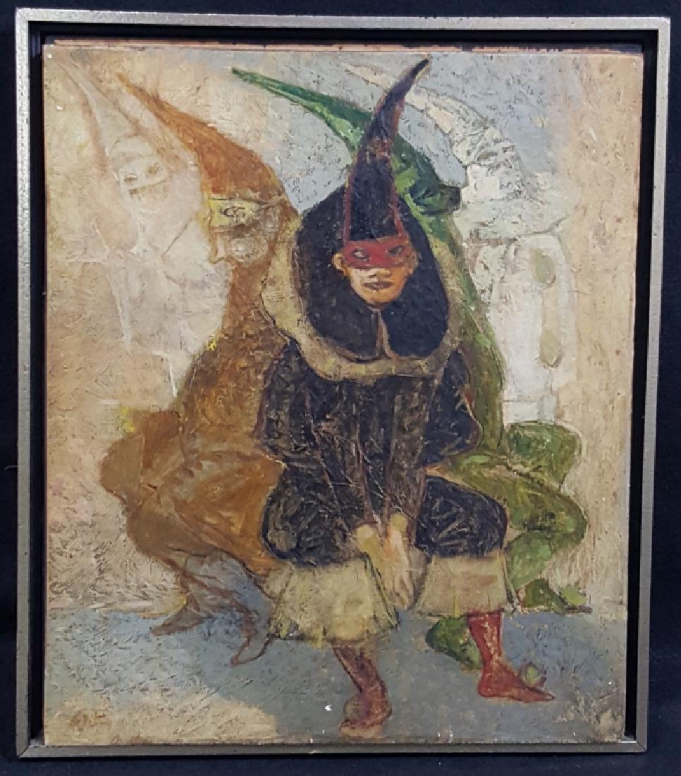 Arturo Piletti (20th C, Italian) Oil on Board: An oil on board painting by Arturo (Arthur) Piletti. 14" x 16.75", framed. Signed verso and dated 1953. Image shows clowns