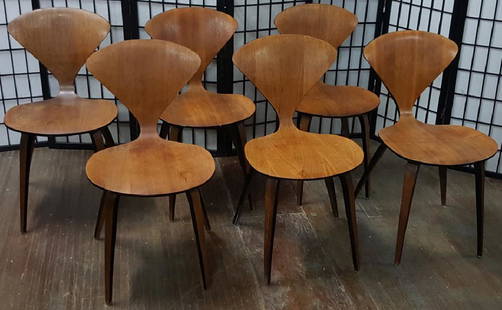 Set of 6 Norman Cherner for Plycraft Side Chairs: With black stained edges. The chairs with damp stains and some other condition issues. Two with small chips to seats, one with a tight veneer crack in a seat. Should be viewed in person. All 