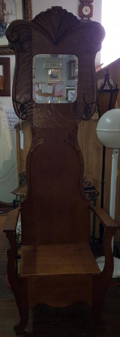 W.M.P. Co Tiger Oak Antique Hall Tree: Stamped W.M.P. Co. and Dated Dec 1909 on the back of the mirror (showing through the front of the mirror) Standing 79.5" X 27" wide
