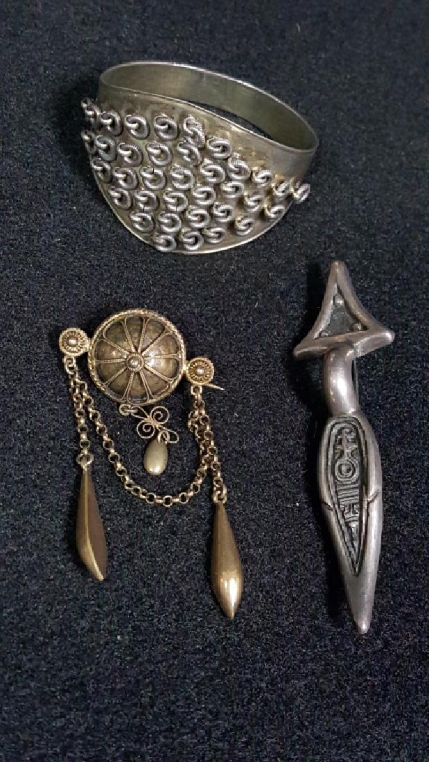 Antique Swedish Silver Group: A Napkin ring (?) signed "J. E. Petterson (three crowns mark) (illegible mark) "x6", with rings. Also a ".830" pin, with another illegible mark, and an "arrow" pin, "Made in Finland", with maker's mar